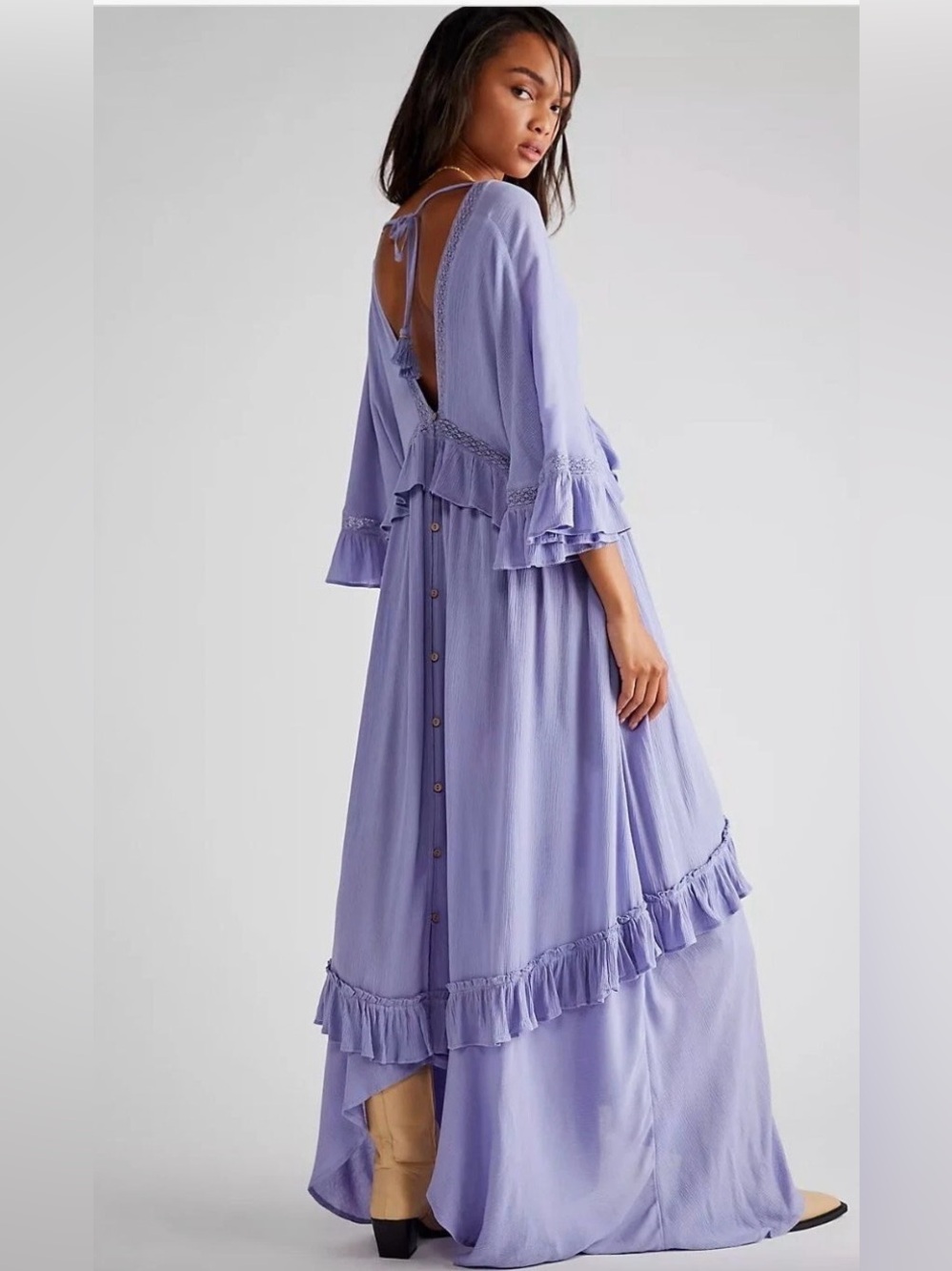 Free People Lavender Boho Maxi Dress | Flowy Ruffle Tiered | Size M